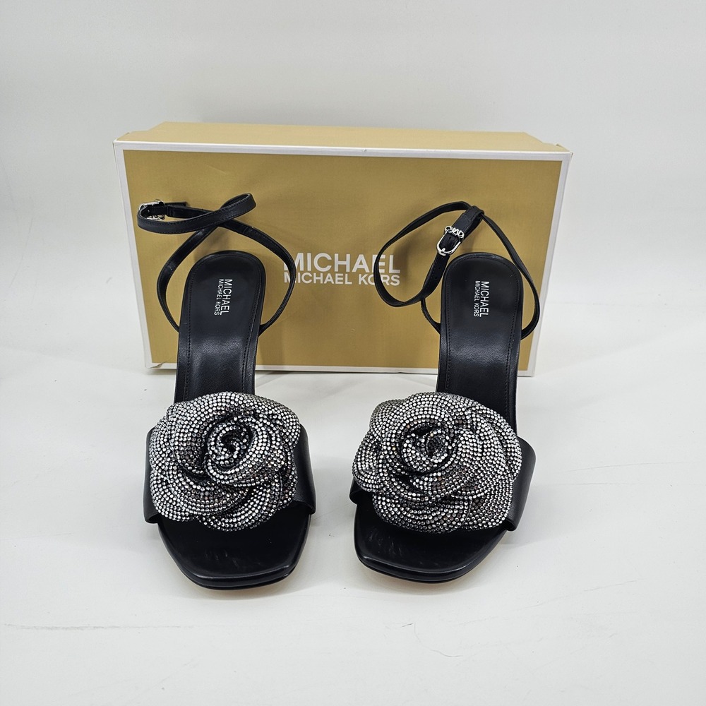 Michael Kors Elodie Sandal Black Leather 3D Rhinestone Rosette Stiletto Heel 9.5
